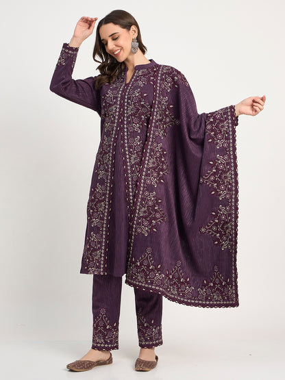 Purple Winter Embroidered Suit Set with Shawl