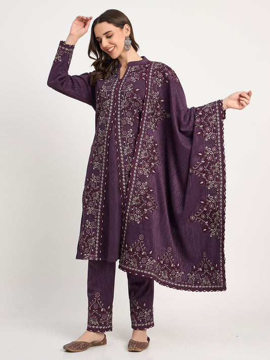 Purple Winter Embroidered Suit Set with Shawl