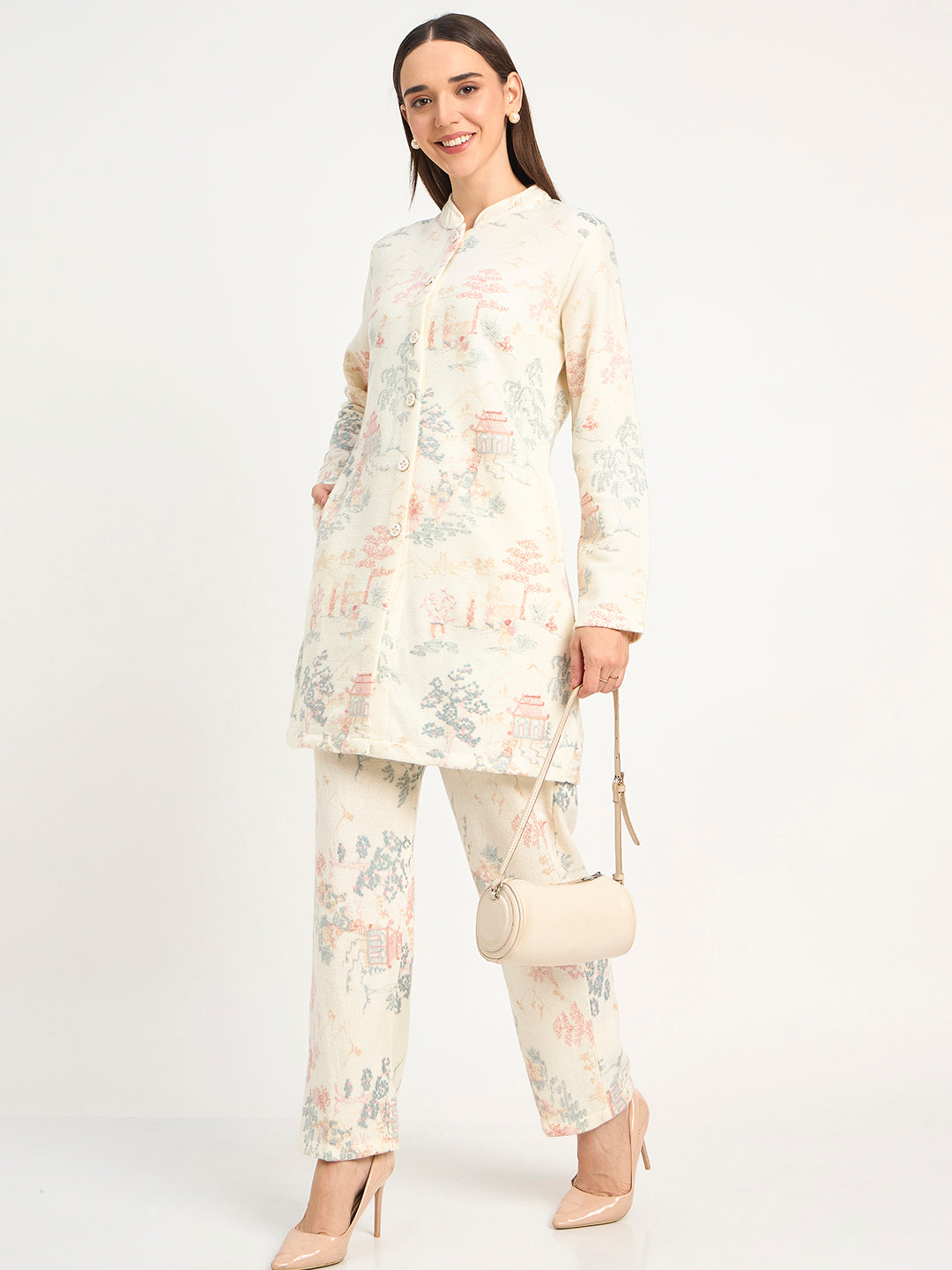 Cream Pastel Scenic Print Winter Wool Co-ord Set