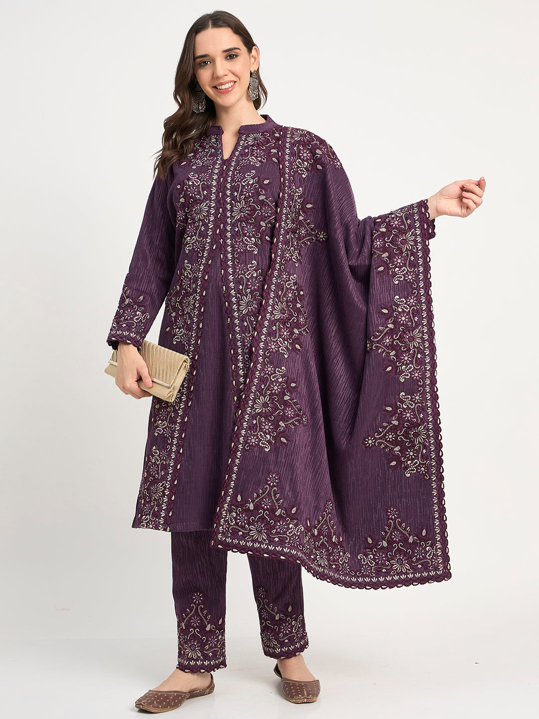 Purple Winter Embroidered Suit Set with Shawl