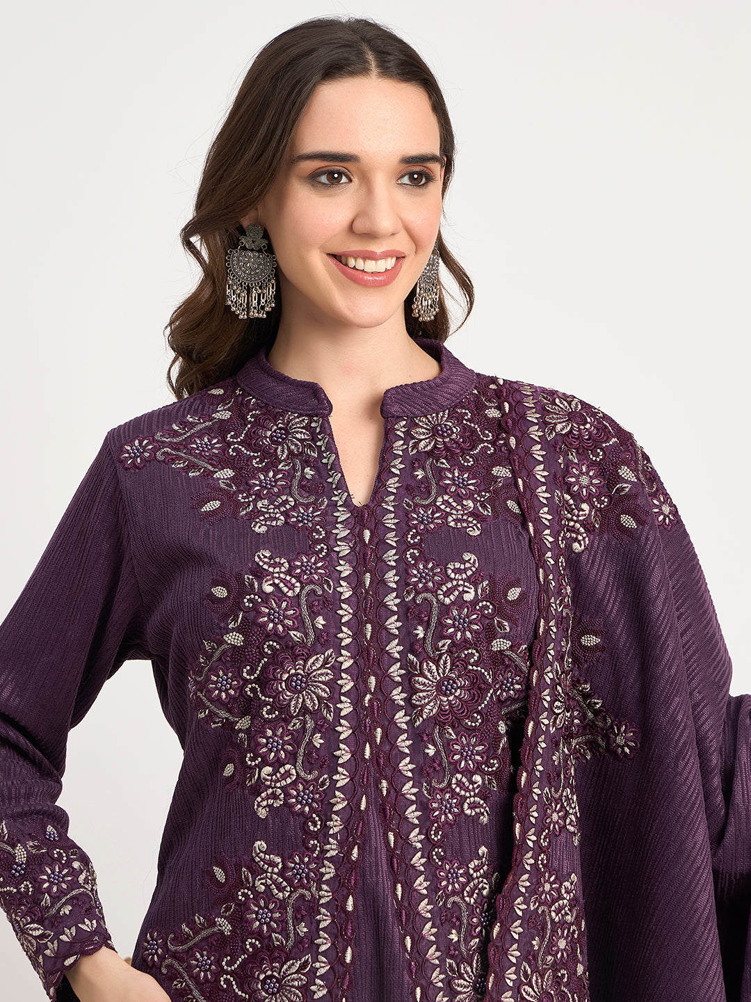 Purple Winter Embroidered Suit Set with Shawl