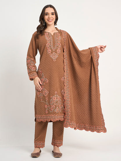 Rust Winter Embroidered Suit Set with Shawl