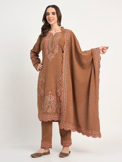 Rust Winter Embroidered Suit Set with Shawl