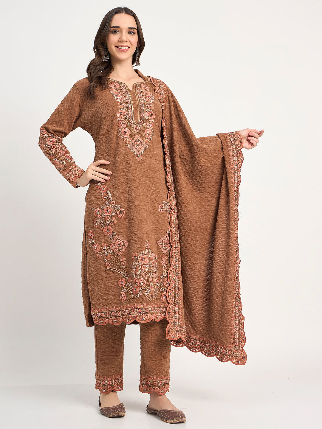 Rust Winter Embroidered Suit Set with Shawl