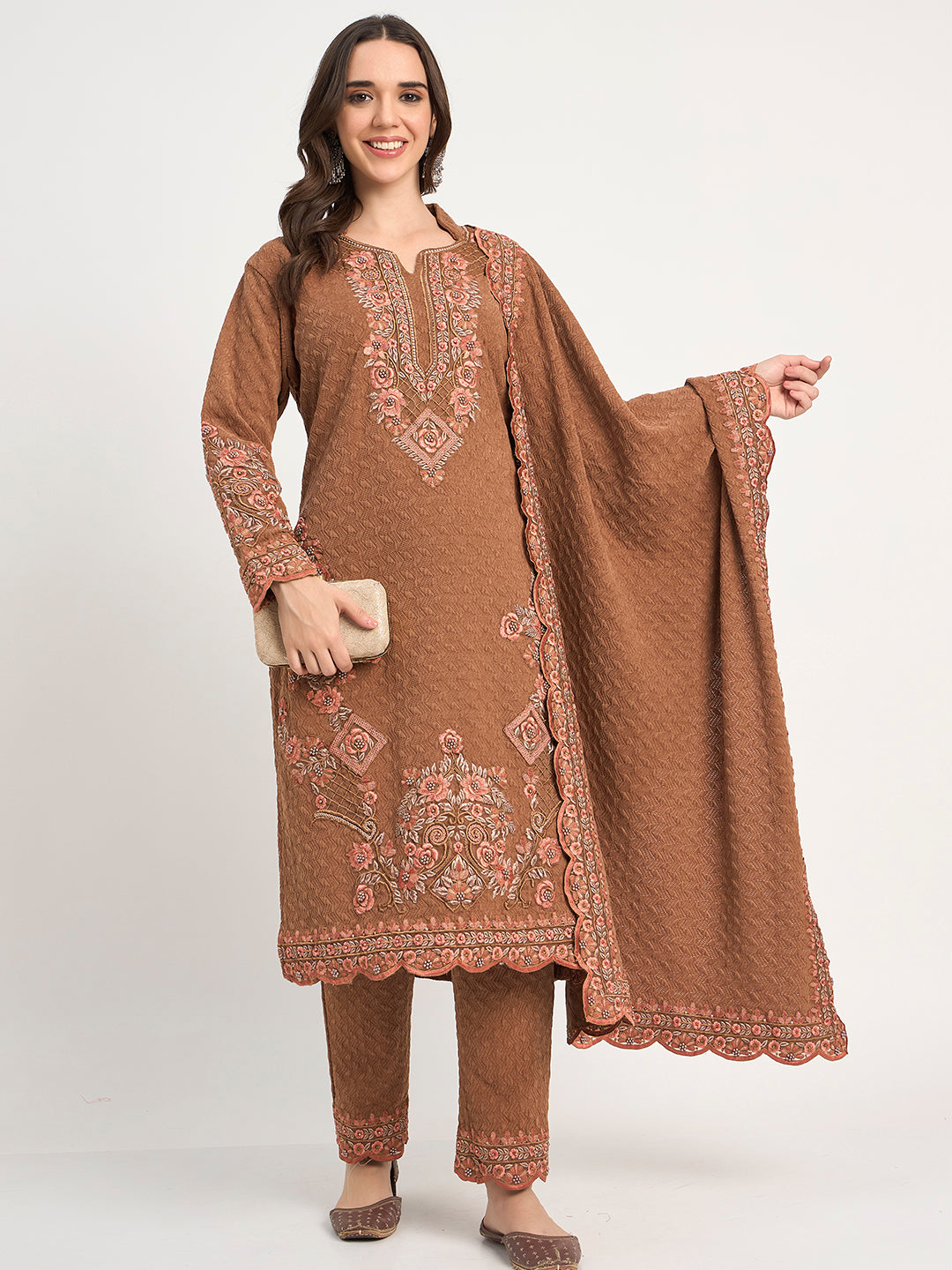 Rust Winter Embroidered Suit Set with Shawl