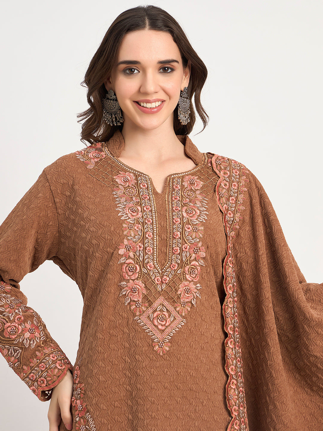 Rust Winter Embroidered Suit Set with Shawl