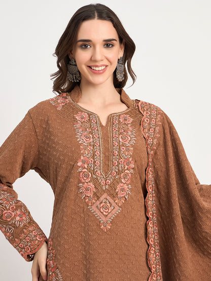 Rust Winter Embroidered Suit Set with Shawl