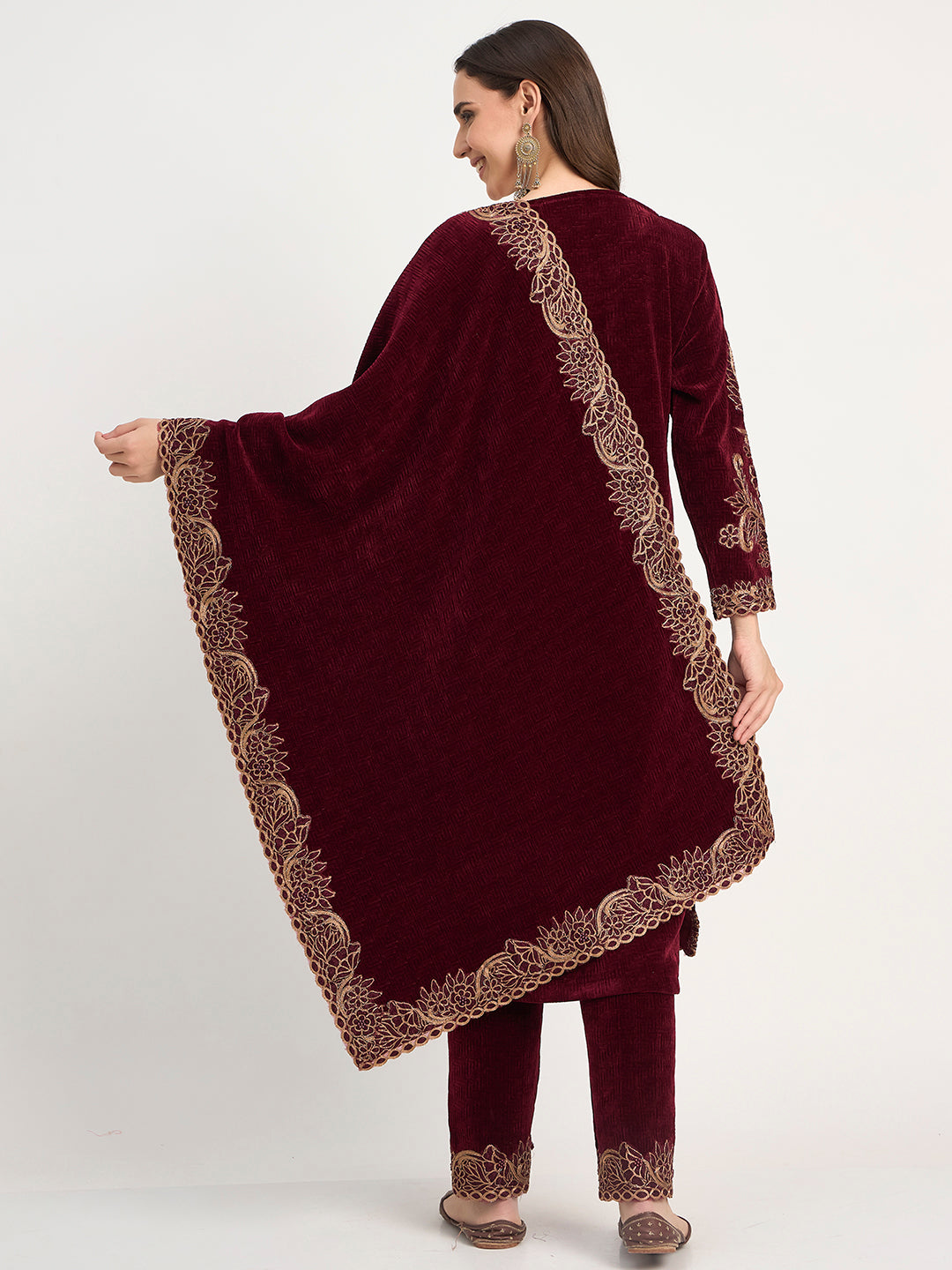 Winter Special Maroon Embroidered Kurti Pant Shawl Set
