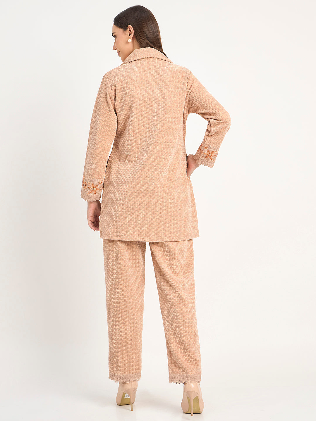 Elegant Beige Wool Blend Embroidered Winter Co-ord Set