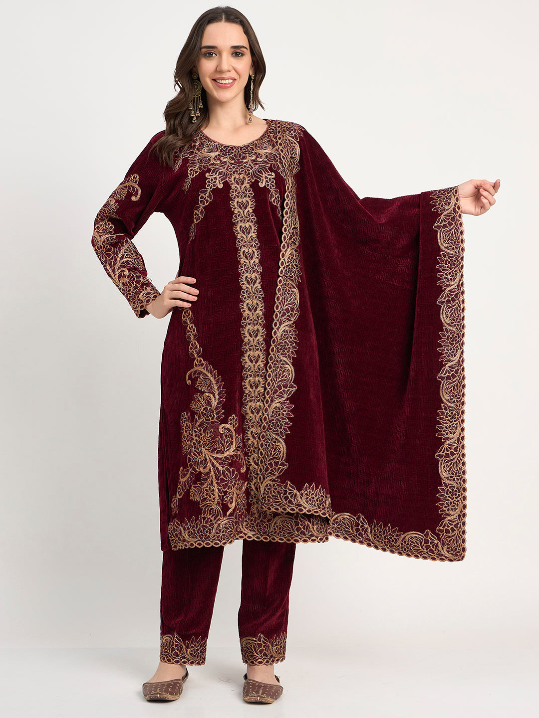 Winter Special Maroon Embroidered Kurti Pant Shawl Set