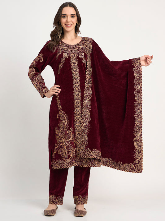 Winter Special Maroon Embroidered Kurti Pant Shawl Set