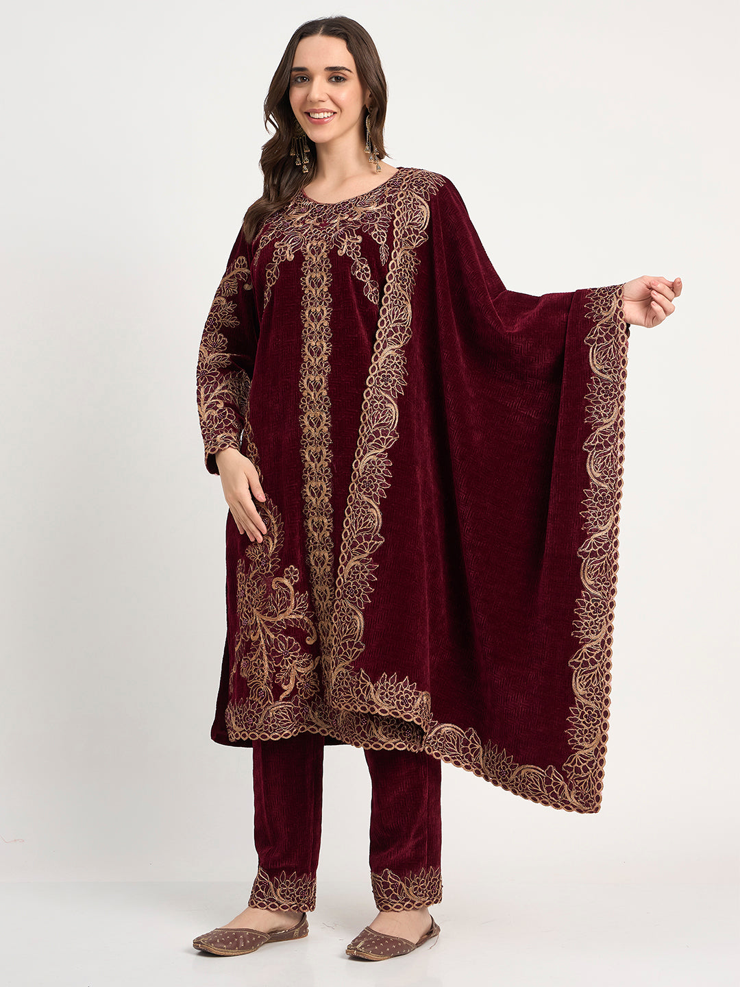 Winter Special Maroon Embroidered Kurti Pant Shawl Set