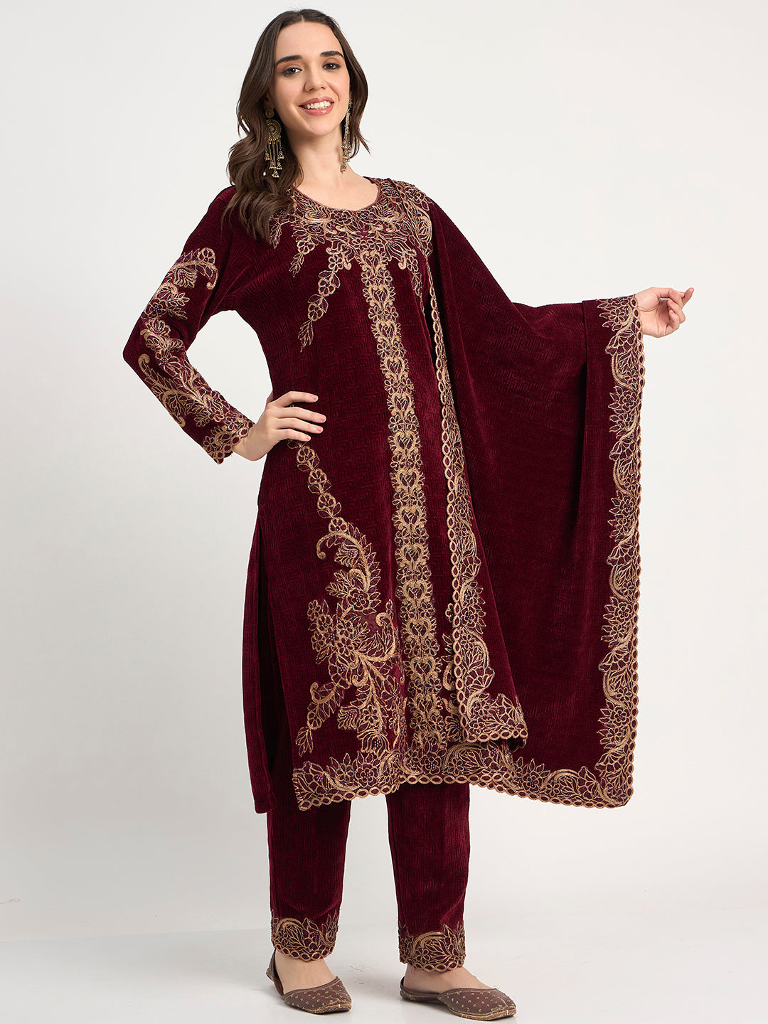 Winter Special Maroon Embroidered Kurti Pant Shawl Set