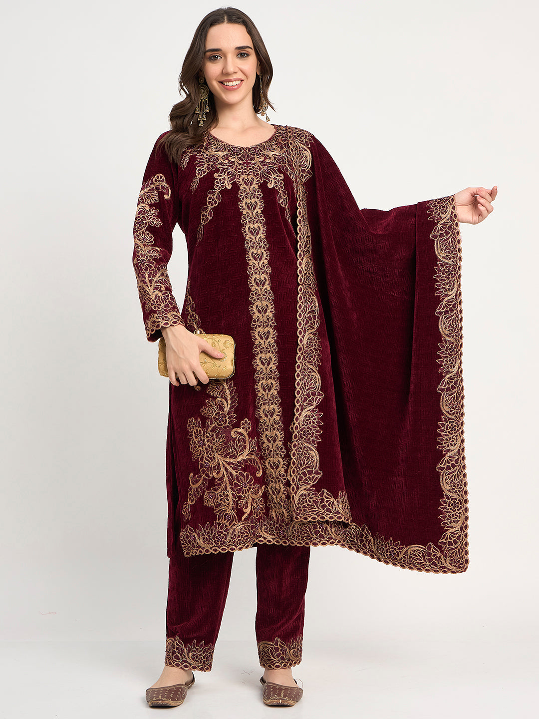 Winter Special Maroon Embroidered Kurti Pant Shawl Set