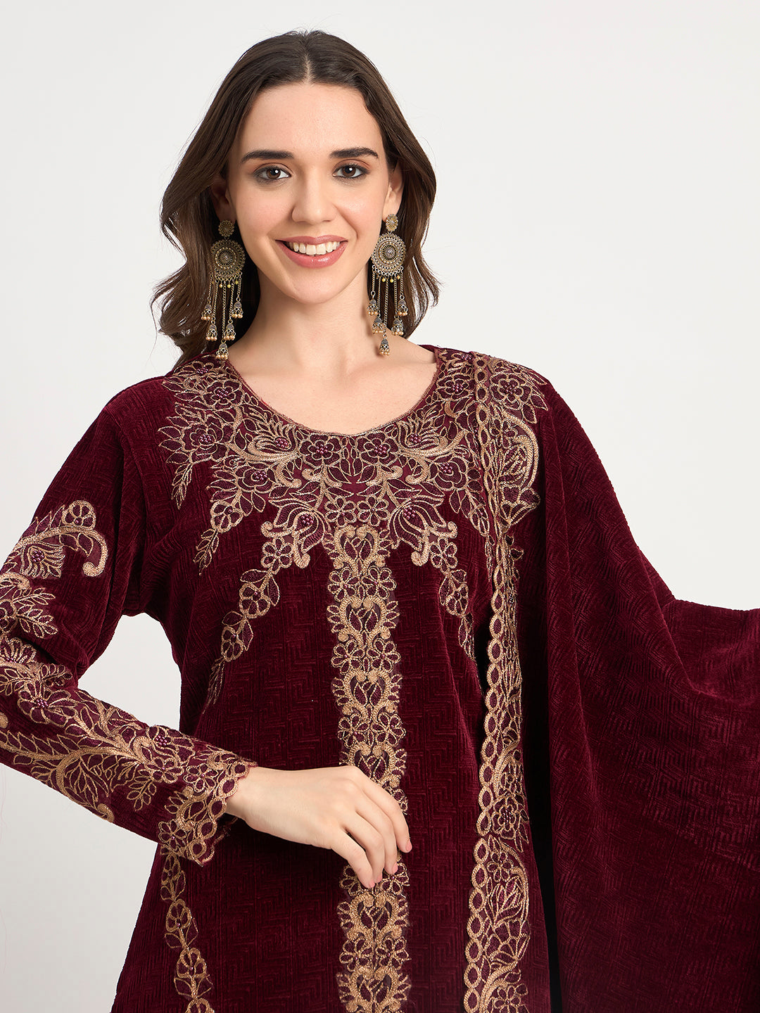 Winter Special Maroon Embroidered Kurti Pant Shawl Set