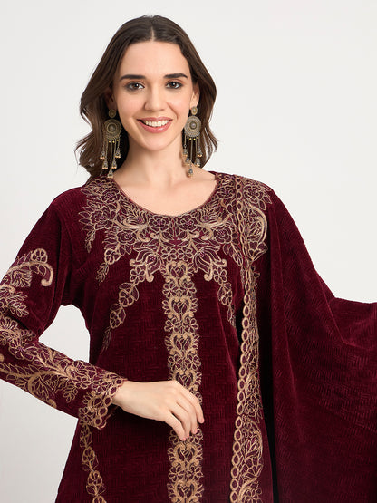 Winter Special Maroon Embroidered Kurti Pant Shawl Set