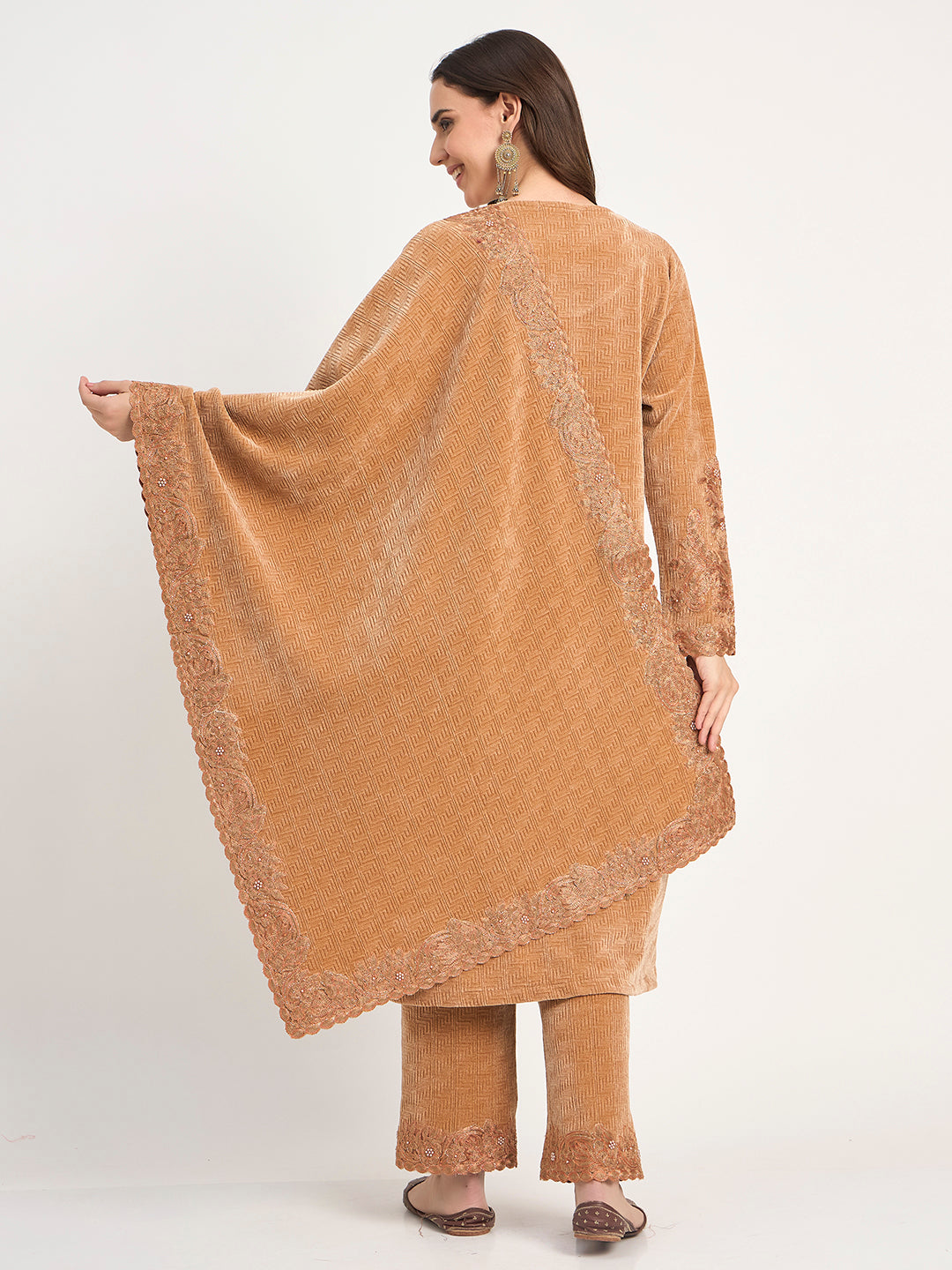 Golden Beige Winter Embroidered Suit Set with Shawl