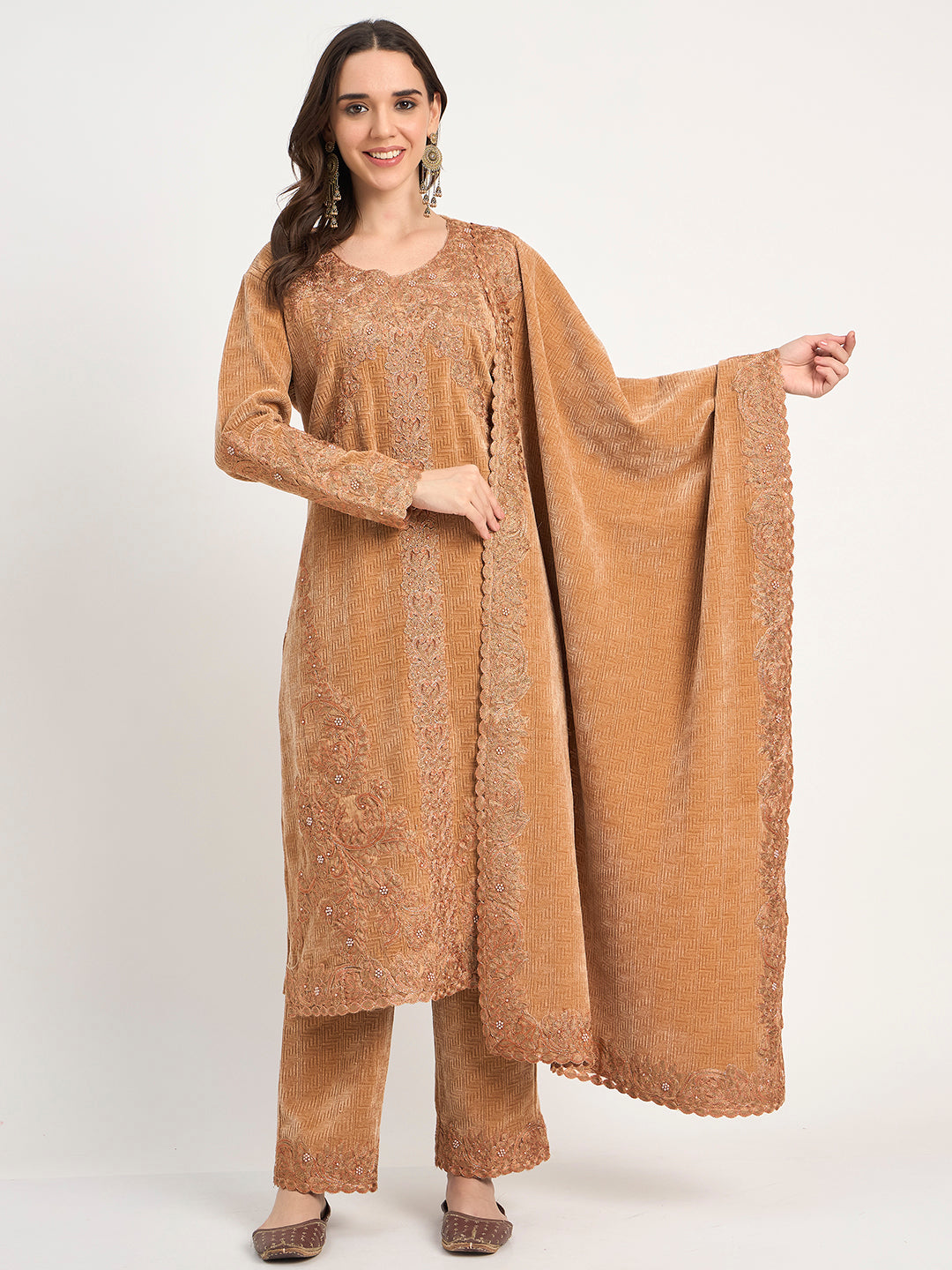 Golden Beige Winter Embroidered Suit Set with Shawl
