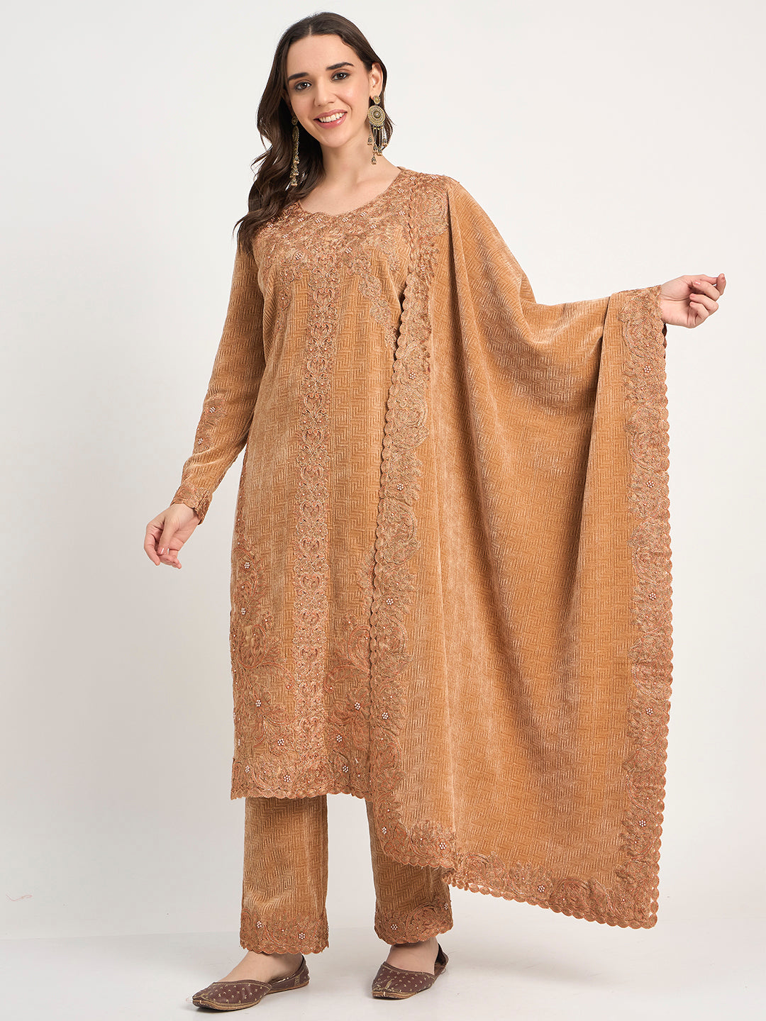 Golden Beige Winter Embroidered Suit Set with Shawl