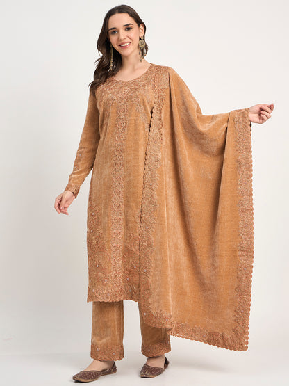 Golden Beige Winter Embroidered Suit Set with Shawl