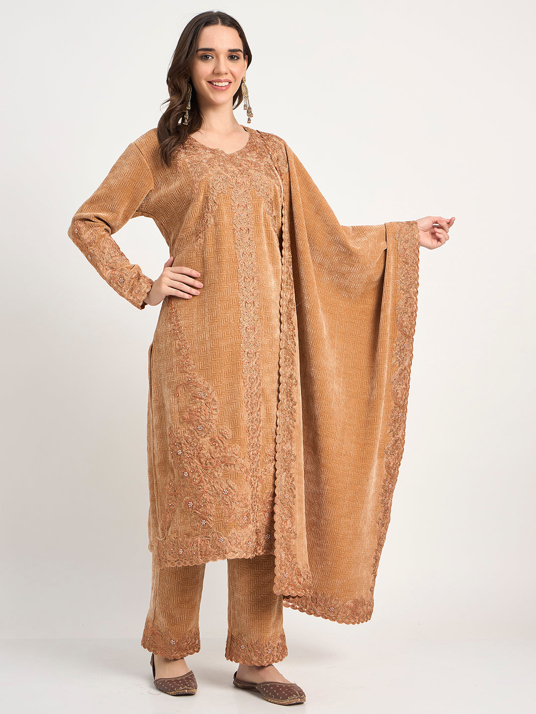Golden Beige Winter Embroidered Suit Set with Shawl