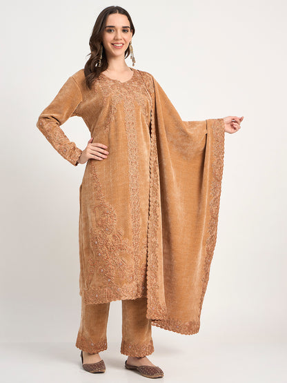 Golden Beige Winter Embroidered Suit Set with Shawl
