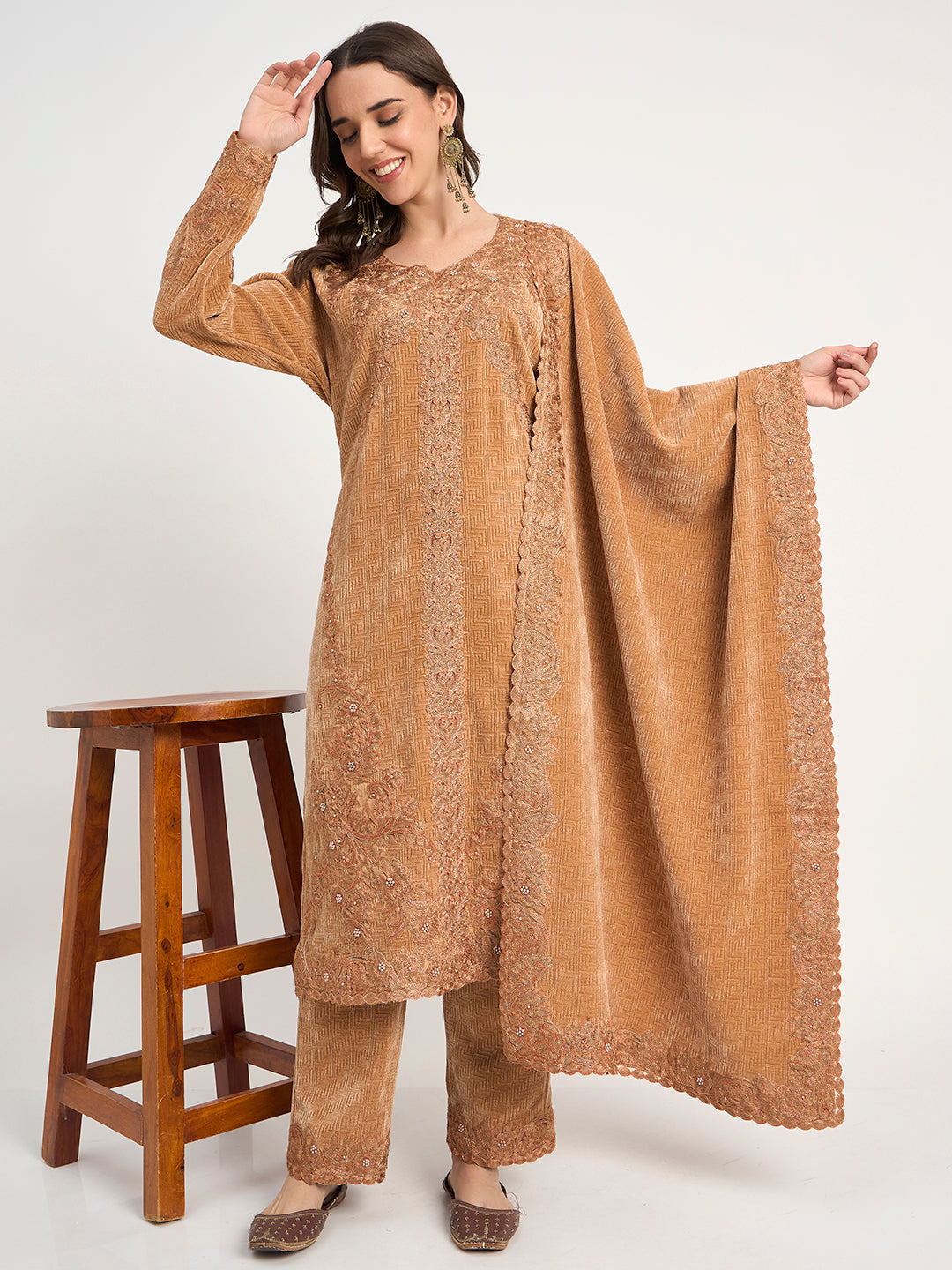 Golden Beige Winter Embroidered Suit Set with Shawl