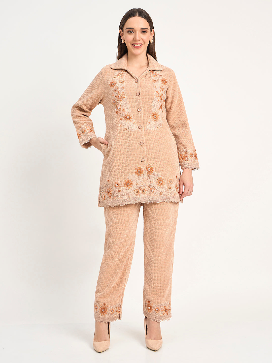 Elegant Beige Wool Blend Embroidered Winter Co-ord Set
