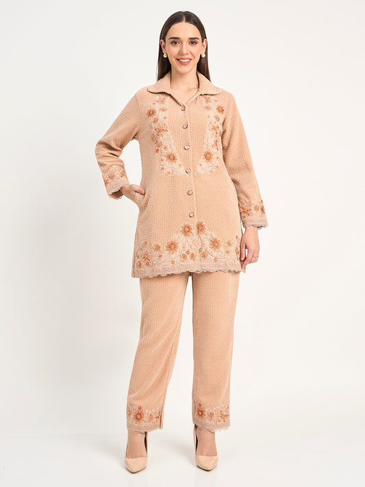 Elegant Beige Wool Blend Embroidered Winter Co-ord Set