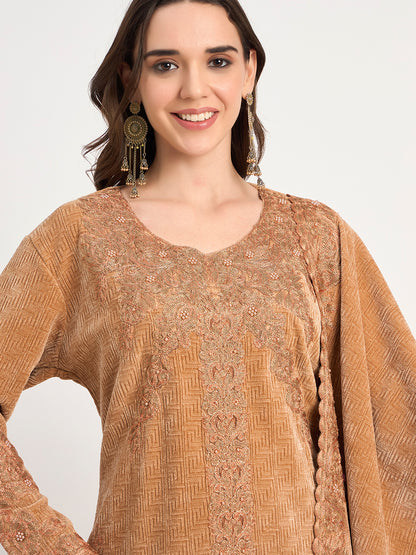 Golden Beige Winter Embroidered Suit Set with Shawl