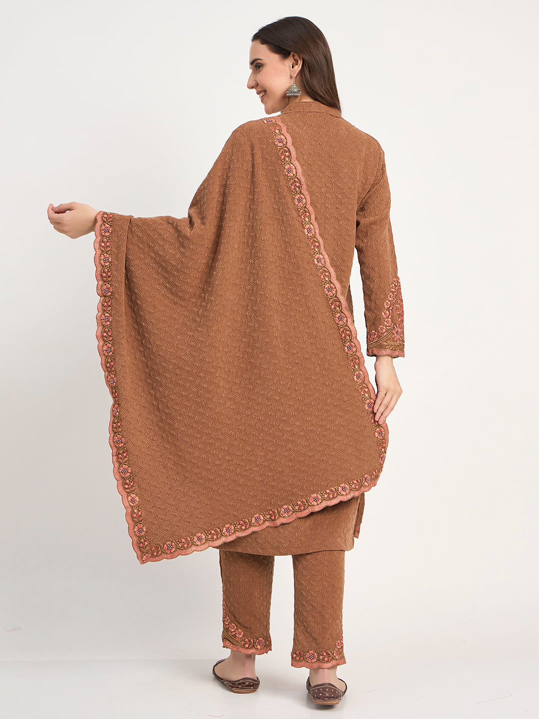 Coffee Brown Winter Embroidered Suit with Shawl