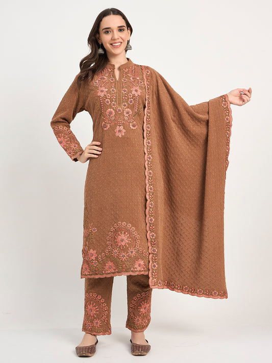 Coffee Brown Winter Embroidered Suit with Shawl