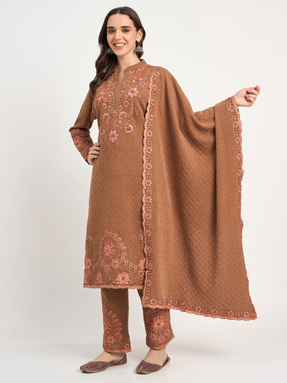 Coffee Brown Winter Embroidered Suit with Shawl