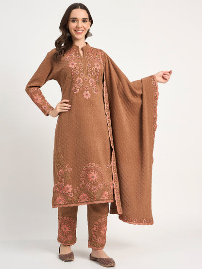 Coffee Brown Winter Embroidered Suit with Shawl