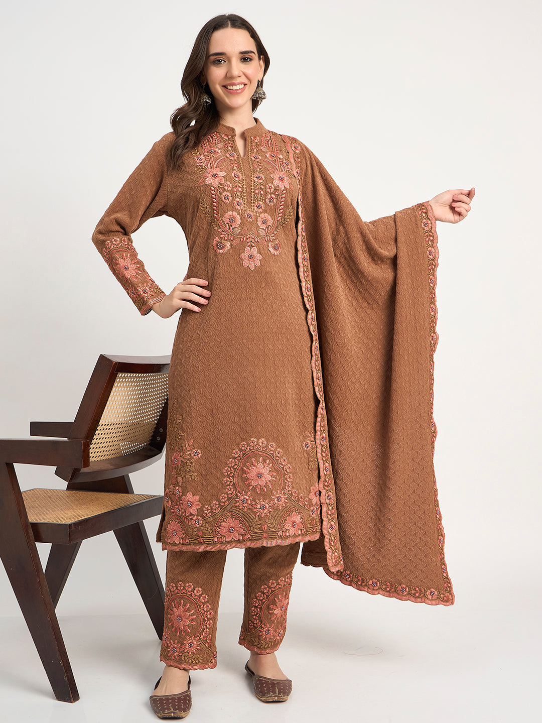 Coffee Brown Winter Embroidered Suit with Shawl