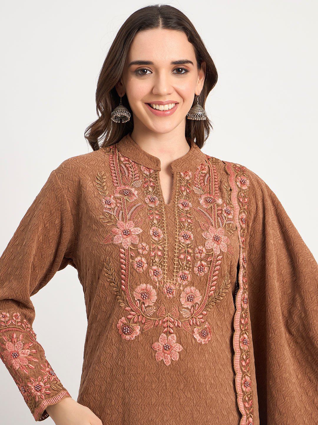 Coffee Brown Winter Embroidered Suit with Shawl