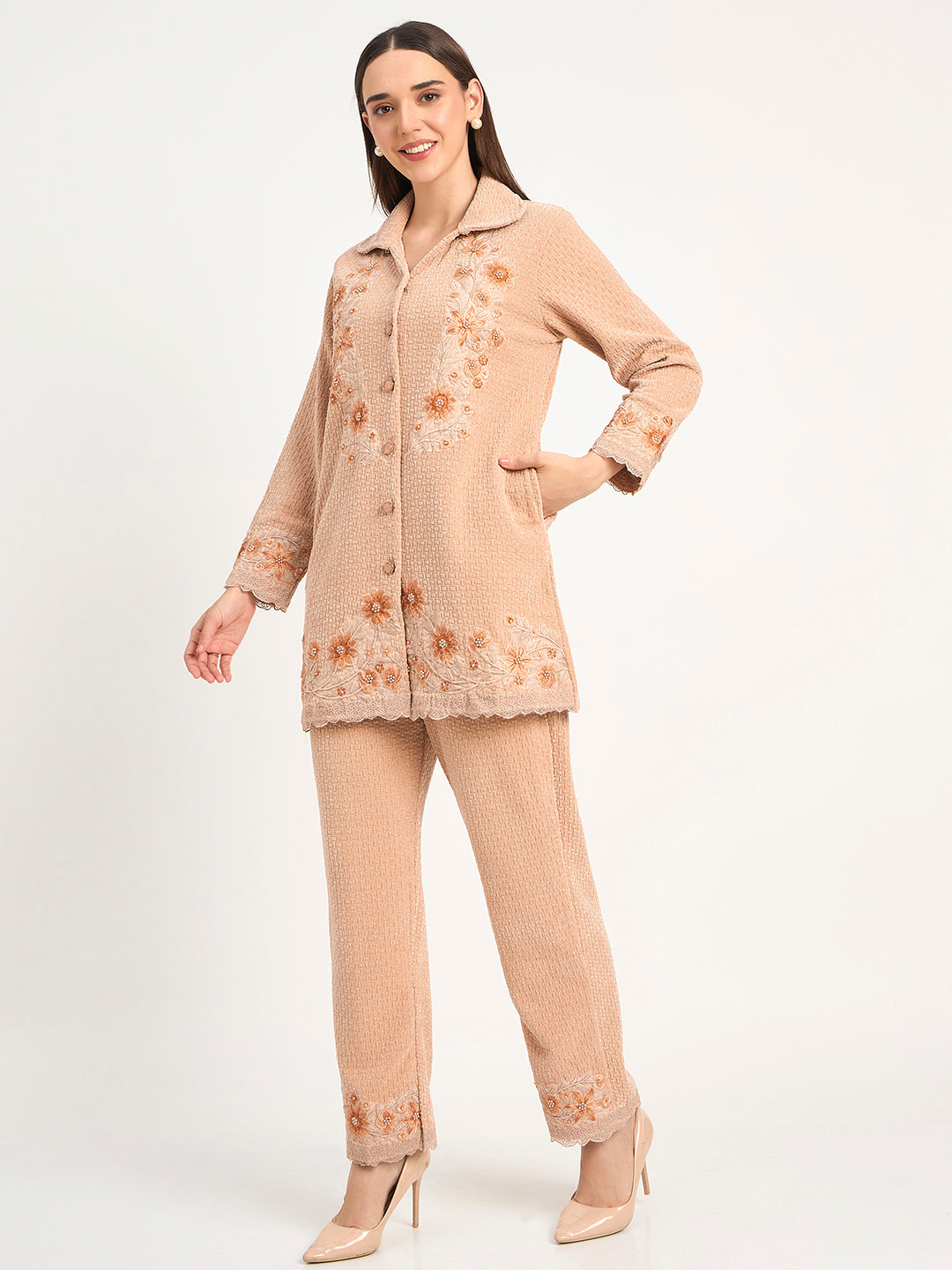Elegant Beige Wool Blend Embroidered Winter Co-ord Set