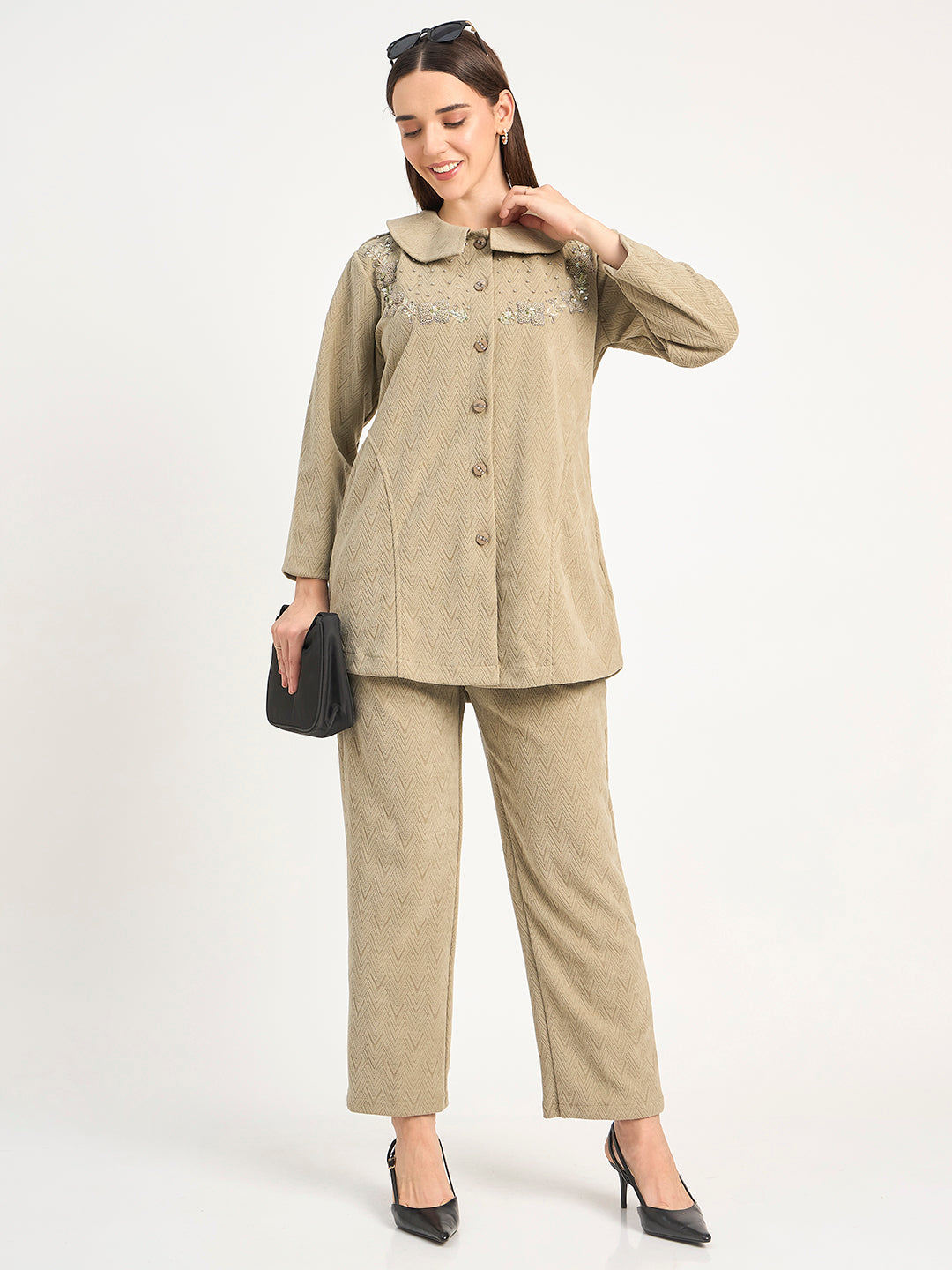 Women’s Warm Textured Knit Co-Ord Suit – Beige