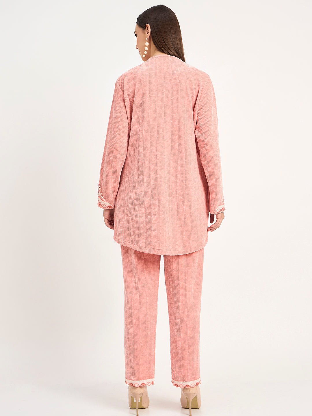 Peach Winter Wear Embroidered Co-Ord Set