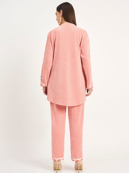 Peach Winter Wear Embroidered Co-Ord Set