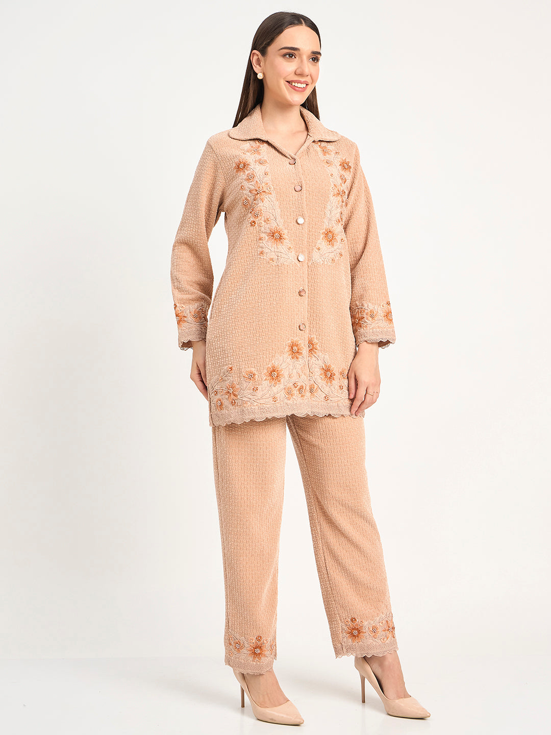 Elegant Beige Wool Blend Embroidered Winter Co-ord Set