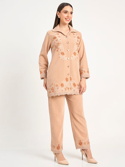 Elegant Beige Wool Blend Embroidered Winter Co-ord Set