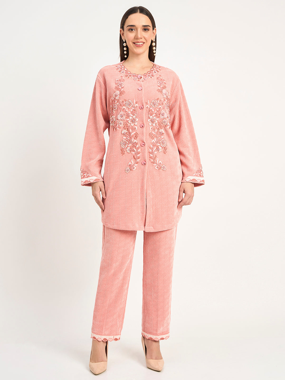 Peach Winter Wear Embroidered Co-Ord Set