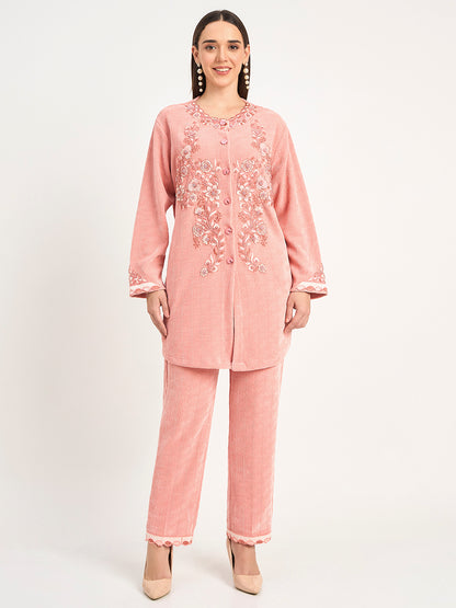 Peach Winter Wear Embroidered Co-Ord Set