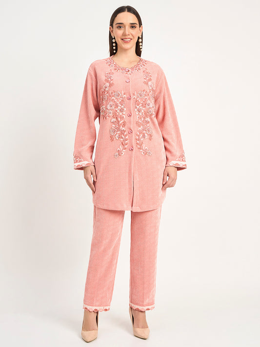 Peach Winter Wear Embroidered Co-Ord Set