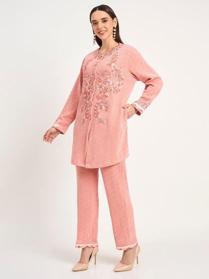 Peach Winter Wear Embroidered Co-Ord Set