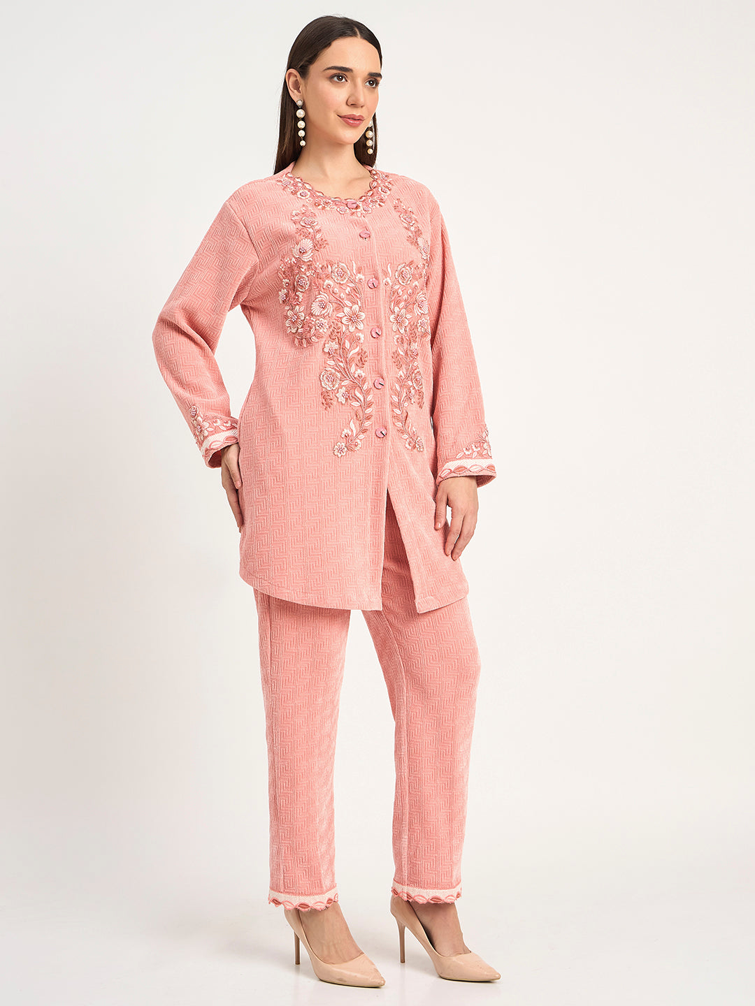 Peach Winter Wear Embroidered Co-Ord Set