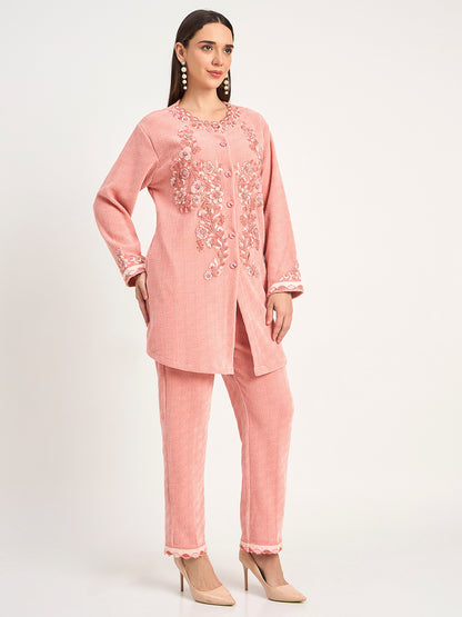 Peach Winter Wear Embroidered Co-Ord Set