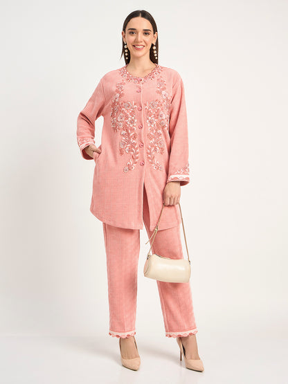Peach Winter Wear Embroidered Co-Ord Set