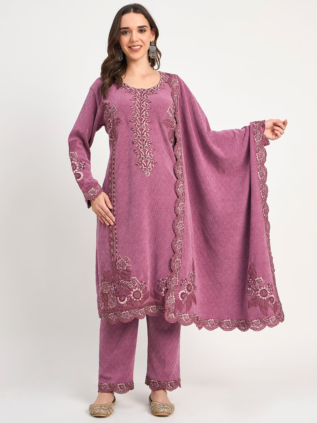 Women's Mauve Winter Embroidered Co-Ord Set